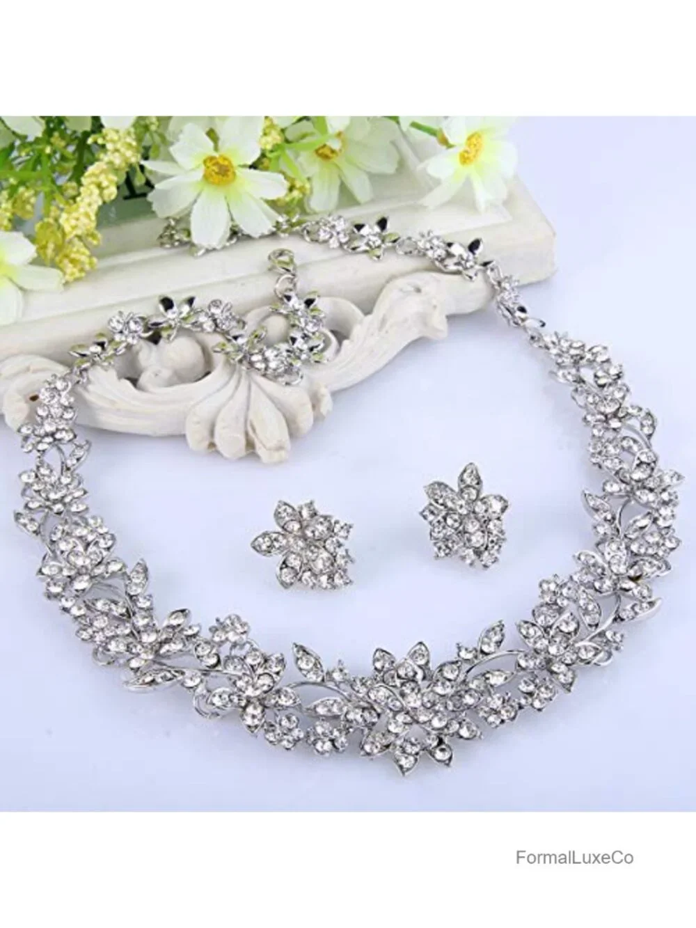Crystal Cluster Flower Leaf Necklace and Earrings Set with Gift Box